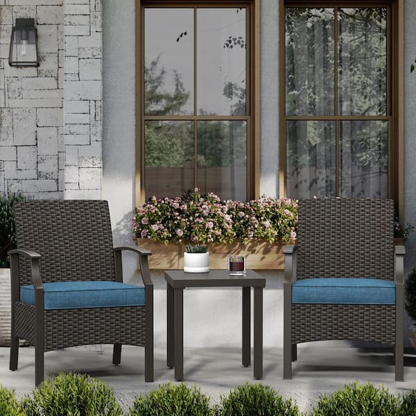 Peacock Blue 3-Piece Metal Outdoor Bistro Set with Front Seat Baffle and Blue Cushions