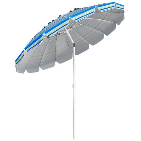 Clihome 8 ft. Market Portable Beach Umbrella in Blue with Sand Anchor and Tilt Mechanism