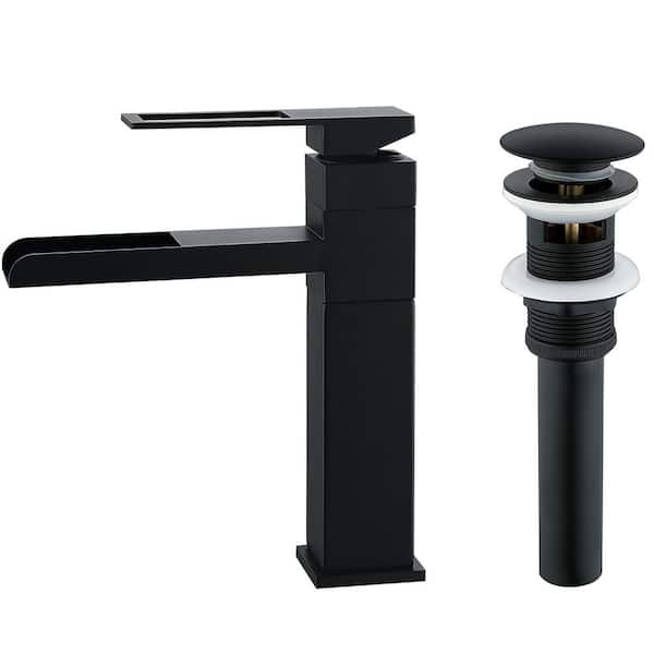 Single Handle Waterfall Wall Mount Bathroom Sink Faucet Drain Kit Included with Swivel Spout in Matte Black