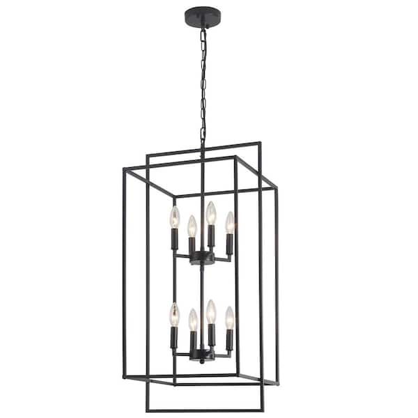 8-Light Black Farmhouse Chandelier with Metal Lantern Shade, Candlestick Chandeliers for Kitchen Island