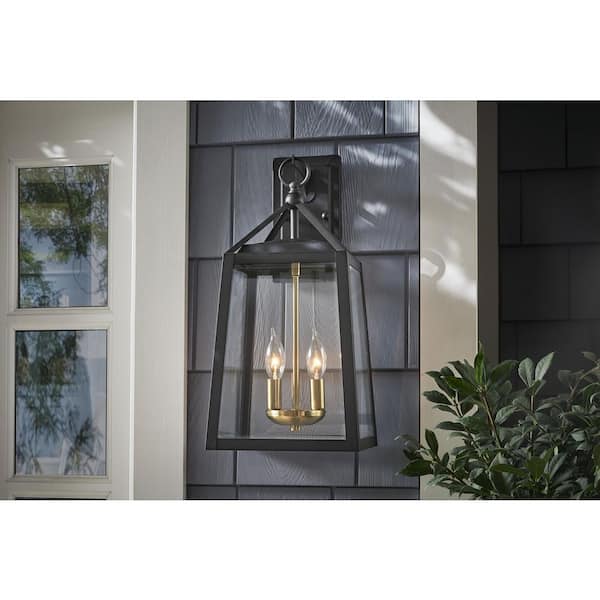 Blakeley 19.25 in. Transitional 2-Light Black and Brass Outdoor Wall Light Fixture with Clear Beveled Glass