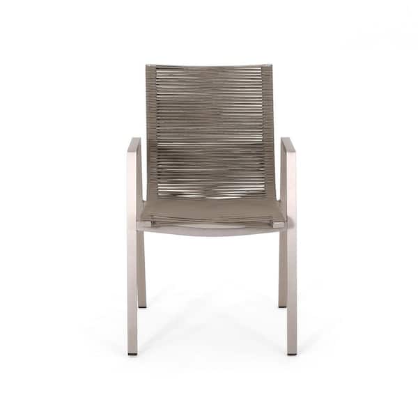 Silver Aluminum Frame Rope Weave Outdoor Dining Chair in Taupe with Sturdy Structure and Rust-resistant Set of 2