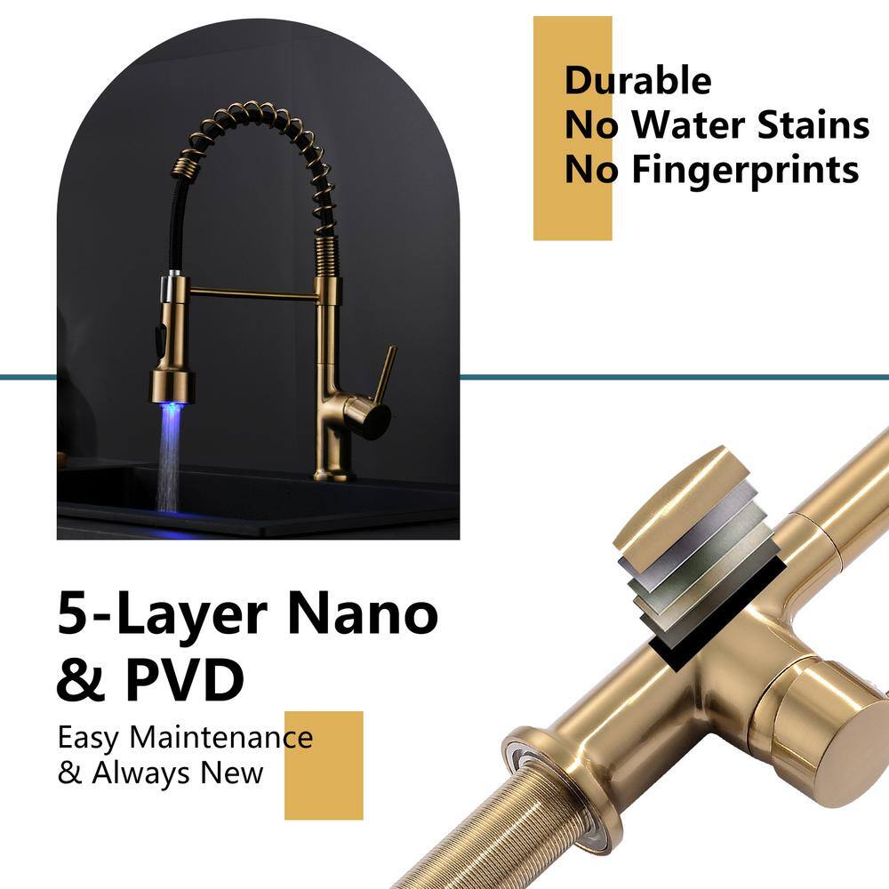 Brushed Gold Single Handle Pull Down Kitchen Faucet with LED Light