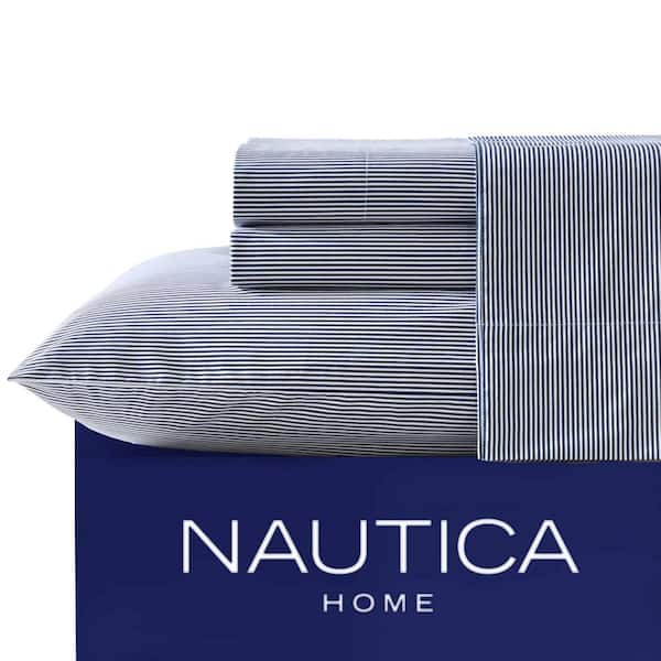 Nautica Penny Pinstripe 4-Piece White/Navy Percale Cotton King Sheet Set