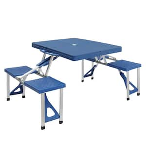 2.8 ft. Blue Rectangular Outdoor Plastic PS Thickened Picnic Table Outdoor Dining Table with Umbrella Pole