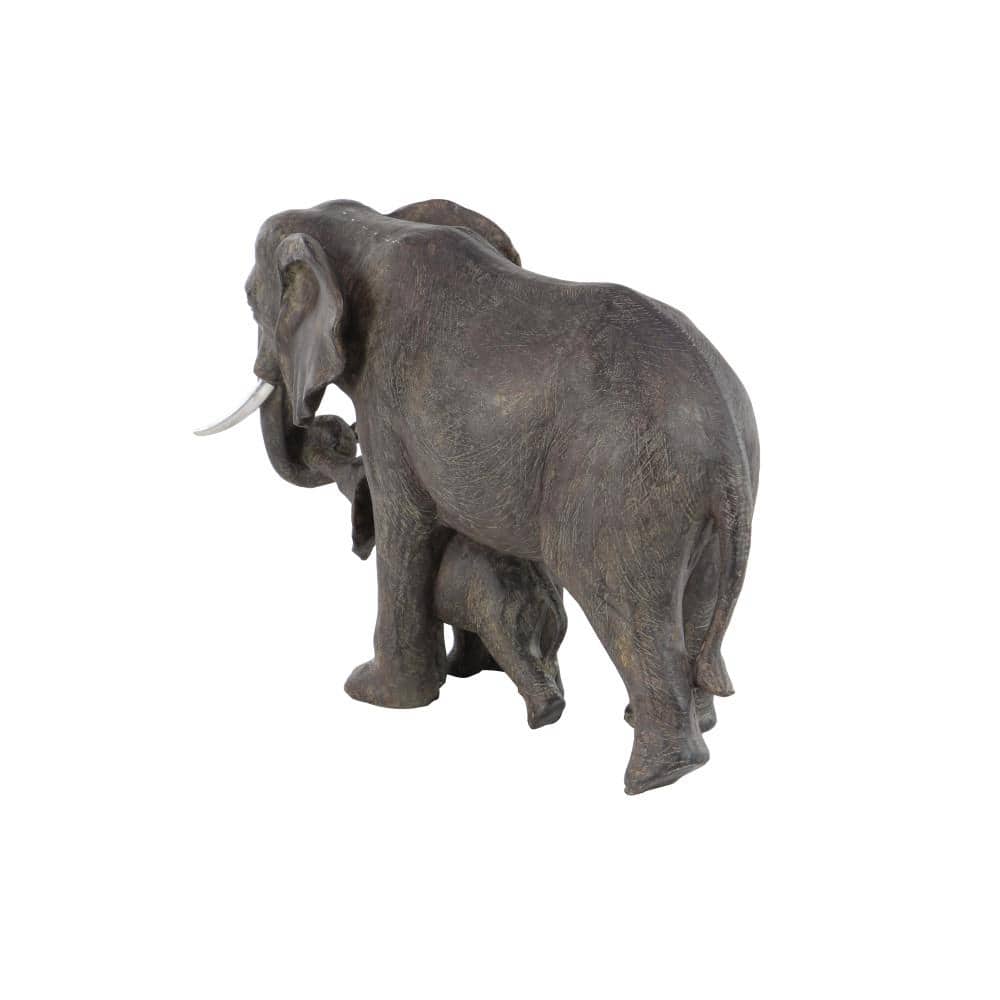 Gray Resin Elephant Mother and Calf Sculpture