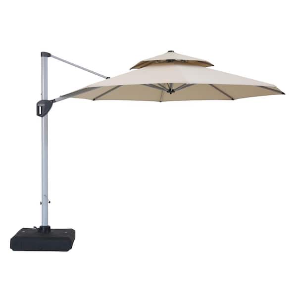Clihome 11 ft. Beige Patio Cantilever Octagonal Outdoor Umbrella with Base,Umbrella Cover, 360-Degree Rotating Foot Pedal