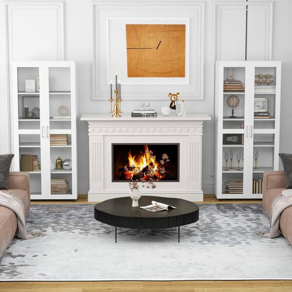 70.9 in. H White Wood 2 Glass Door Accent Storage Cabinet with 6 Tier Shelves