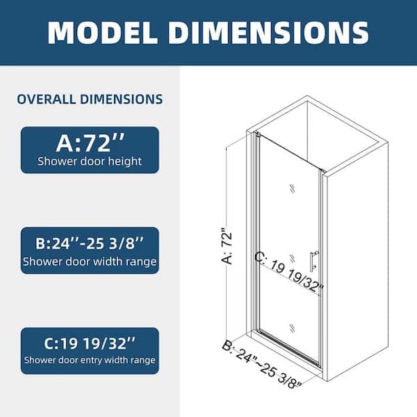 Staykiwi 24 to 25.37 in. W x 72 in. H Semi Frameless Pivot Shower Door in Chrome Finish with Clear Tempered Glass