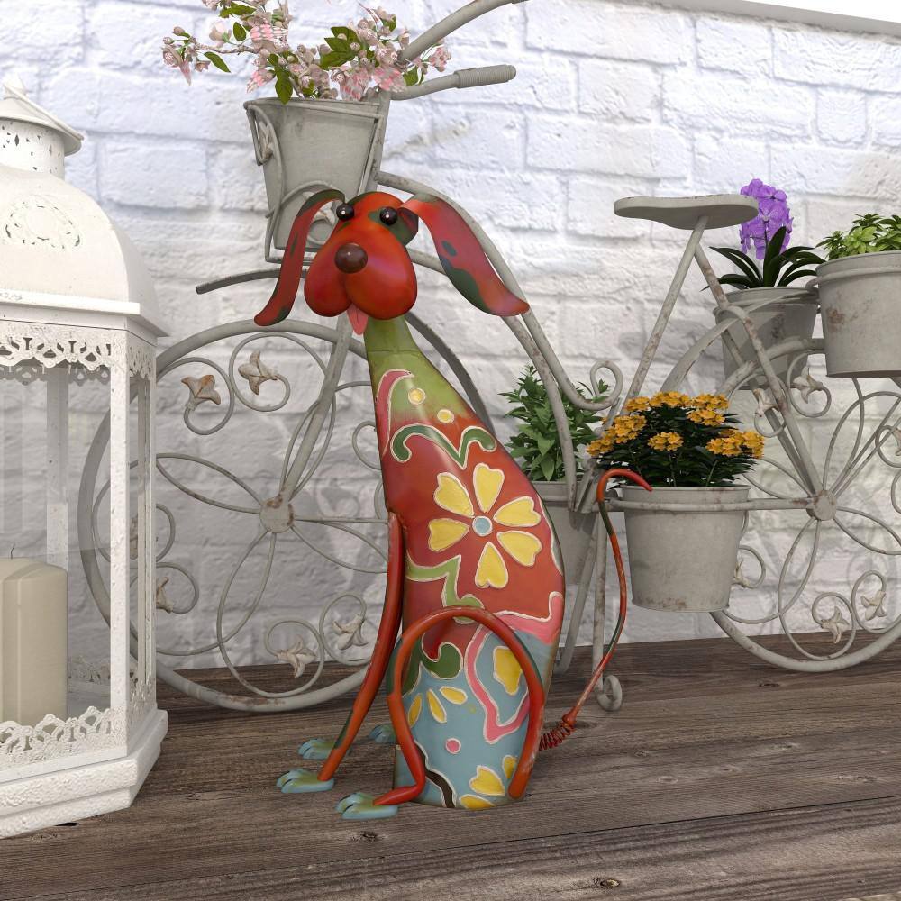 Multicolor Floral Iron Dog Garden Sculpture, 12" x 17"