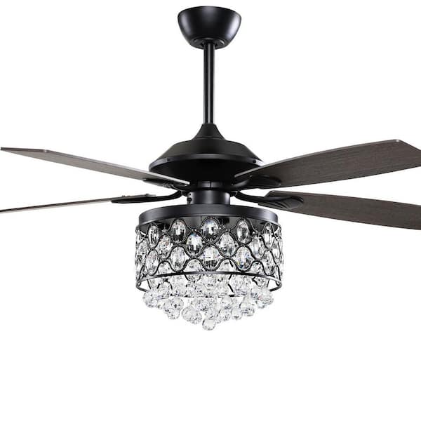 Flint Garden 52 in. Indoor Black 4-Light Crystal Ceiling Fan with Light Kit Remote Control Included