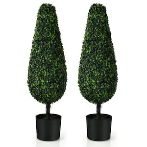 2- Pieces 3 ft. Green Indoor Outdoor Decorative Artificial Topiary Boxwood Tree Plant in Pot, Faux Fake Tree Plant