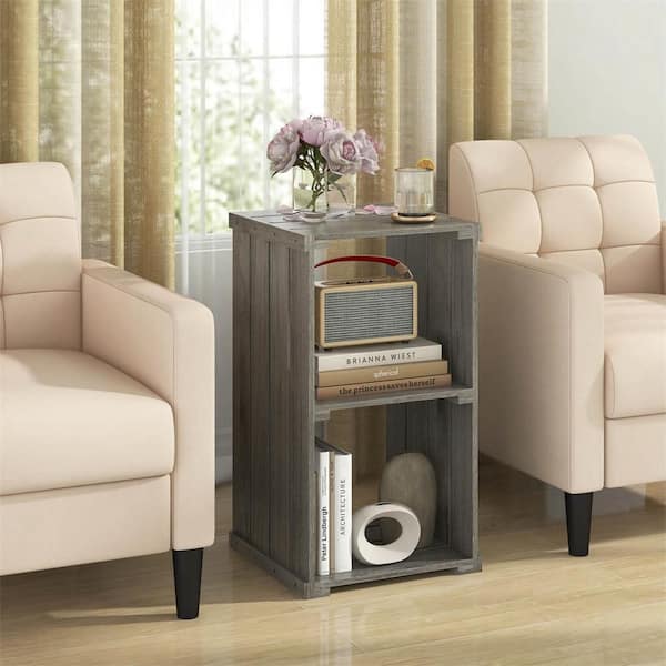 26 in. Tall Gray Wood 2-Shelf Slatted Bookcase Cubic Organizer with Open Back