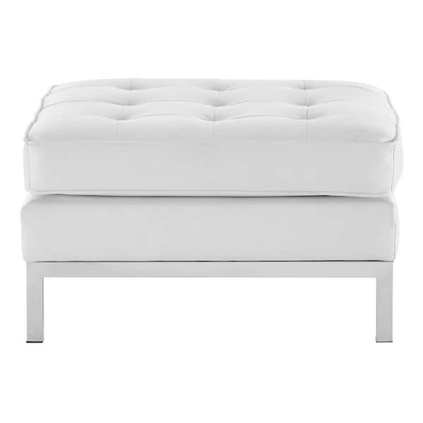 MODWAY Loft Silver White Tufted Button Upholstered Faux Leather Ottoman