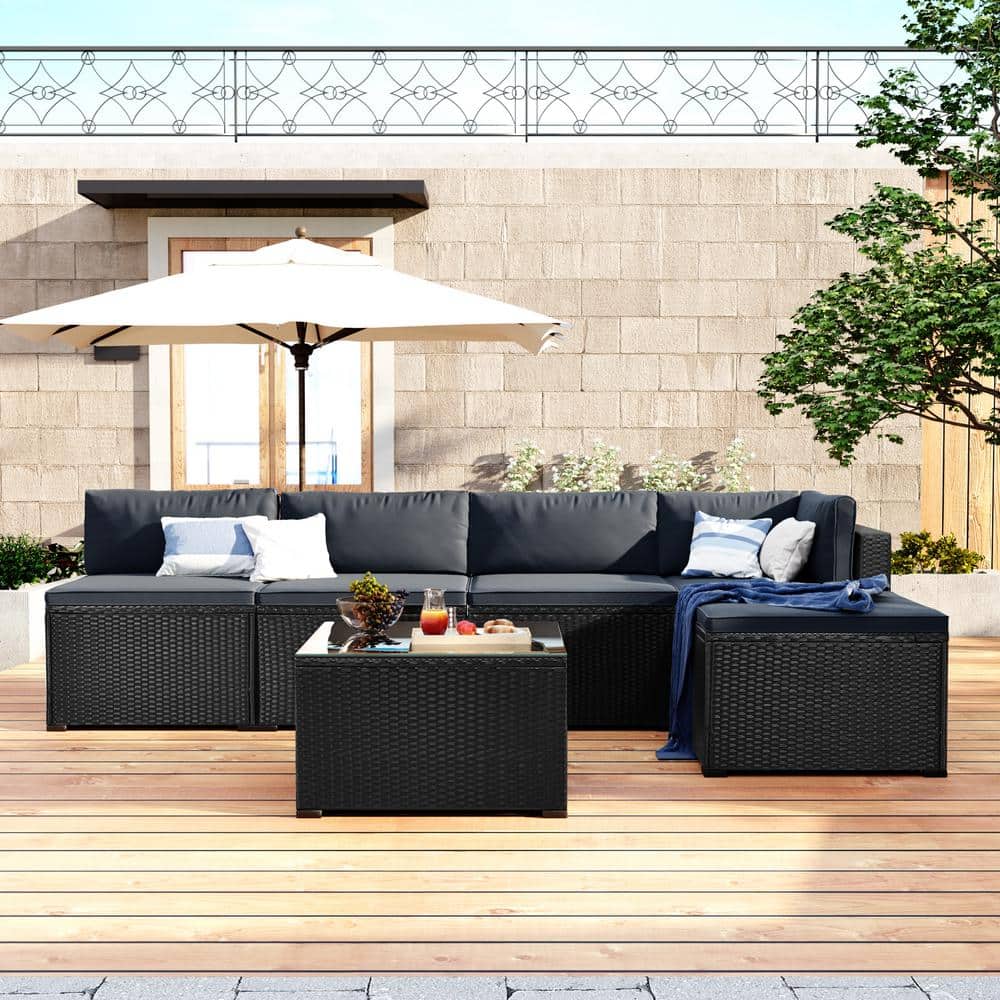 Afoxsos Black 6-Piece PE Wicker Rattan Outdoor Patio Furniture ...