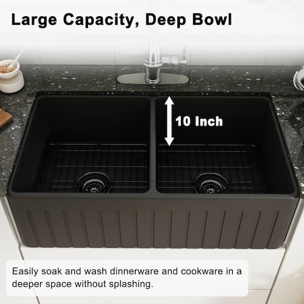 33 in. Farmhouse/Apron-Front Double Bowl Black Fine Fireclay Kitchen Sink  with Bottom Grid and Strainer Basket