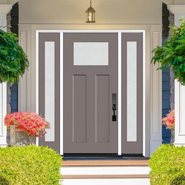 Legacy 68 in. x 80 in. 1/4 Toplite Rain Glass LHIS Primed Kindling Finish Fiberglass Prehung Front Door w/Dbl 14 in. SL