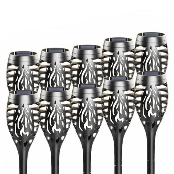 Misopily 10 Pack Black Plastic Solar Pathway Lights LED Flickering Flame Outdoor Waterproof Torches for Yard Patio Decor
