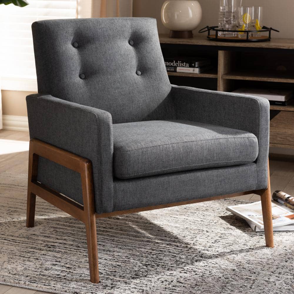 Dark Grey Faux Leather and Wood Accent Chair