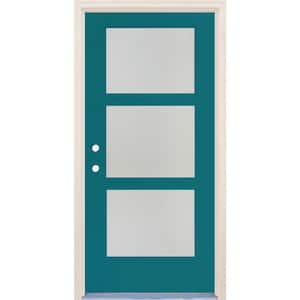 36 in. x 80 in. Right-Hand/Inswing 3 Lite Satin Etch Glass Reef Painted Fiberglass Prehung Front Door with 6-9/16" Frame