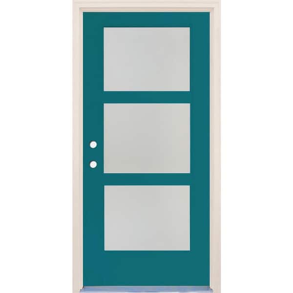 Builders Choice 36 in. x 80 in. Right-Hand/Inswing 3 Lite Satin Etch Glass Reef Painted Fiberglass Prehung Front Door with 6-9/16" Frame