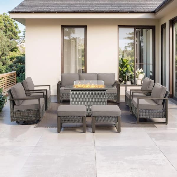 Funky 8-Piece Gray Wicker Outdoor Patio Rectangular Fire Pit Conversation Sofa Seating Set with Swivel and Gray Cushion
