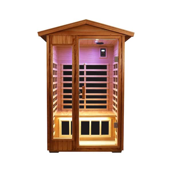 1-Person Indoor/Outdoor Wood Infrared Sauna Khaya Wood Sauna Room with LED Lighting in Natural Wood Finish