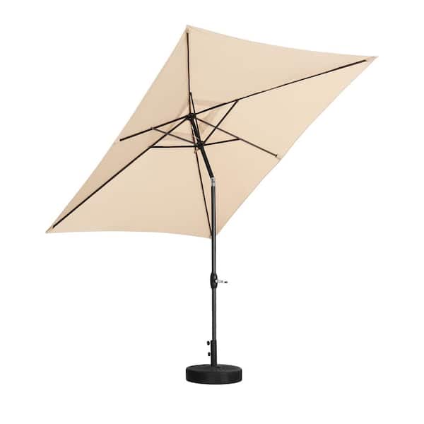 OVASTLKUY 6.5 ft. x 10 ft. Square Patio Outdoor Market Table Umbrella With Push Button Tilt and Crank in Khaki with Base