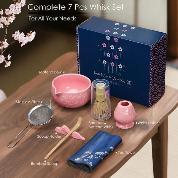 Ceramic Matcha Tea Set 7-Piece Bamboo Whisk Bowl Scoop Holder Sifter Cherry Blossom Pattern for Japanese Tea