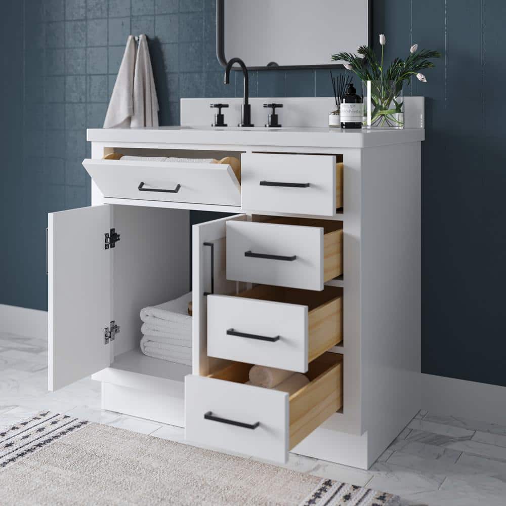 White Hardwood Freestanding Single Vanity with Quartz Top