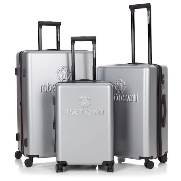 Roberto Cavalli Luxury 3-Piece Silver Expandable Hard Shell with 8 Spinner Wheels Luggage Set