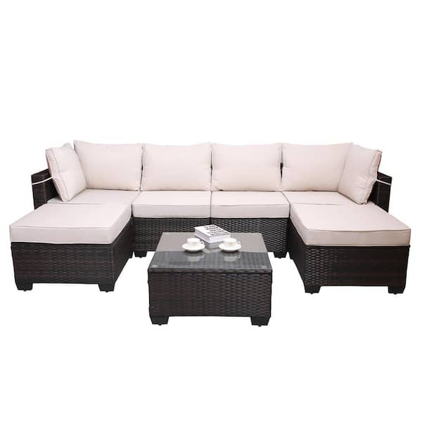 Boosicavelly 7-Piece Brown Wicker Rattan Outdoor Sectional Set with Beige Cushions and Coffee Table