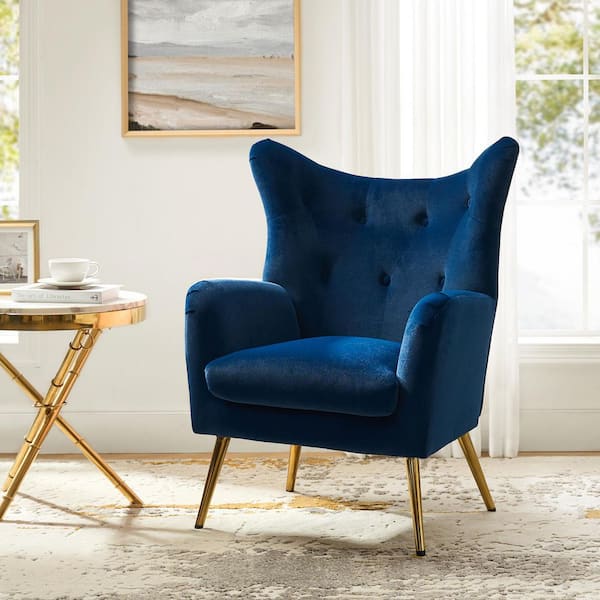 JAYDEN CREATION Jacob Golden Leg Navy Tufted Wingback Chair