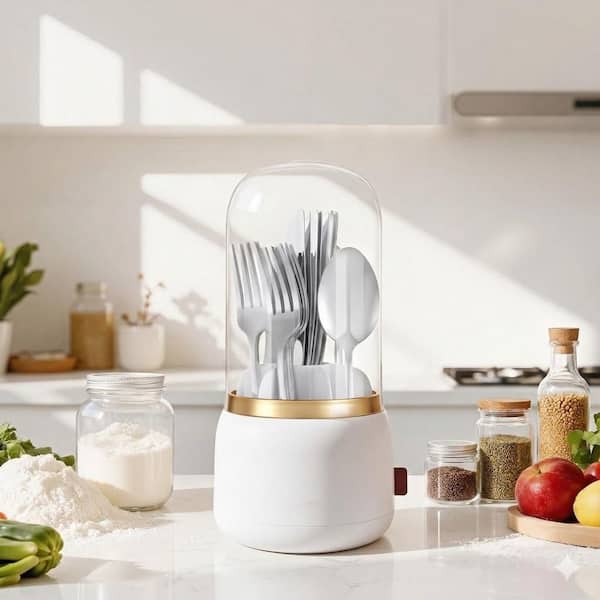 White Plastic Silverware Organizer with Transparent Cover Rotating Utensil Holder Caddy 7 Slots for Kitchen