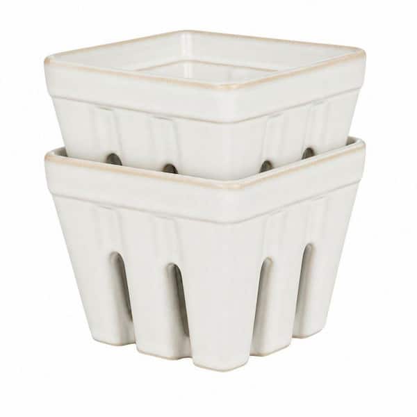 2 Piece White Ceramic Fruit Basket, Square Fruit Bowl with Holes, Sturdy and Long-Lasting, Lead-Free, Cadmium-Free