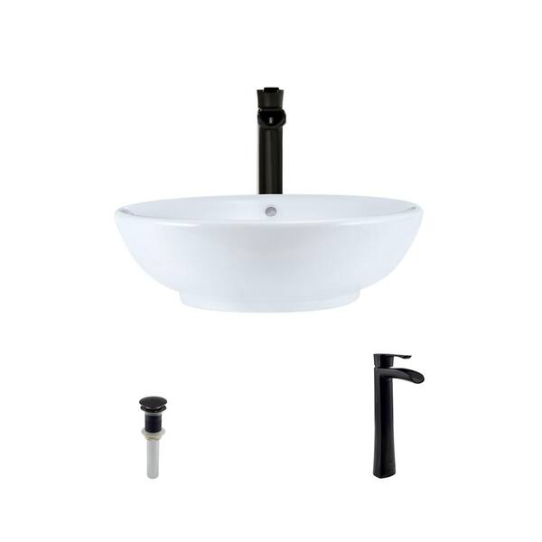 MR Direct Porcelain Vessel Sink in White with 731 Faucet and Pop-Up Drain in Antique Bronze