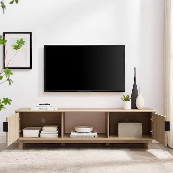 58 in. Mid-Century Modern Coastal Oak Wood TV Stand with 2 Reeded Doors (Max TV Size 65 in.)