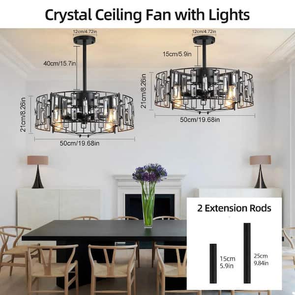 19.68 in. Indoor Black Crystal Caged Reversible Flush Mount Ceiling Fan with Light and Remote Included for Bedroom