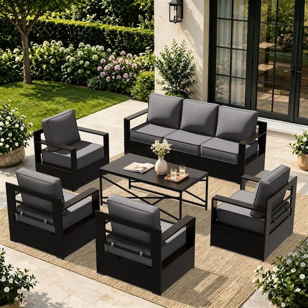 6-Piece Aluminum Patio Conversation Set Outdoor Sofa Set with Lounge Chair, Coffee Table and Beige Cushions