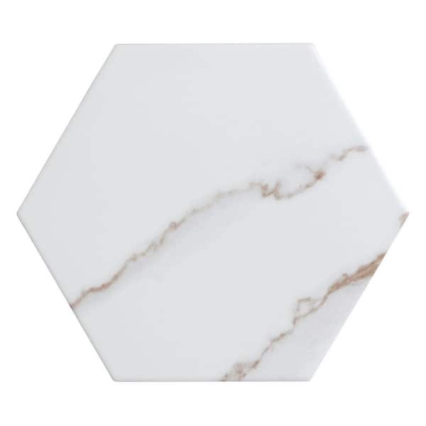 Porlan Tulane White 8-in. x 9-in. Hexagon Marble Look Matte Porcelain Floor and Wall Tile Sample