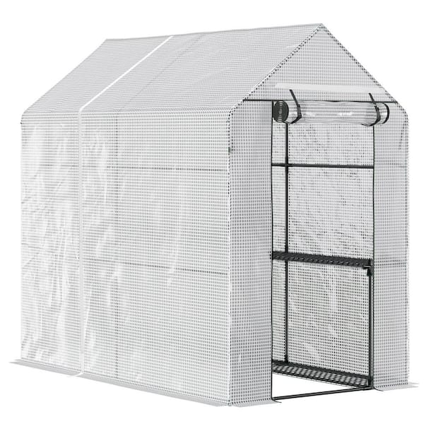 Outsunny 73 in. W x 47 in. D x 75 in. H Steel White Walk-in Greenhouse with Tunnel Shed w/Roll-up Door and 4 Shelves White