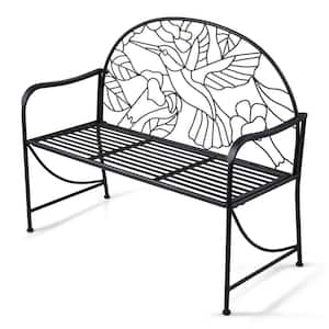 45 in. Metal Outdoor Rustic Garden Bench with Decorated Backrest Armrests