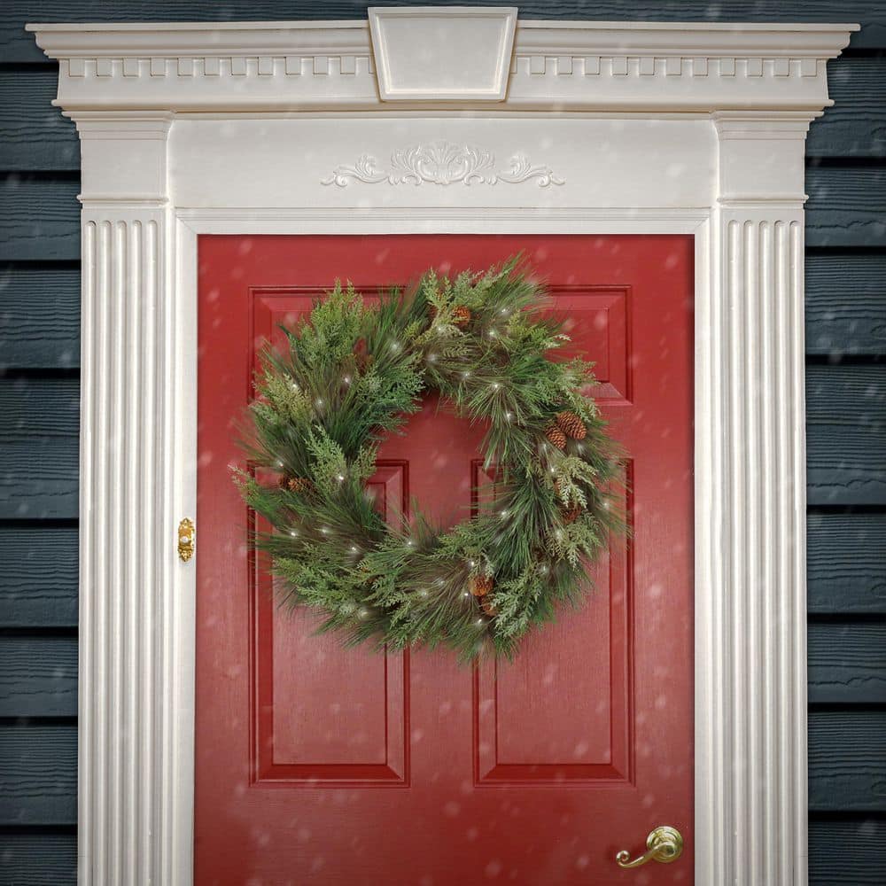 28" Pre-Lit Cedar and Pine Cone Christmas Wreath with LED Lights