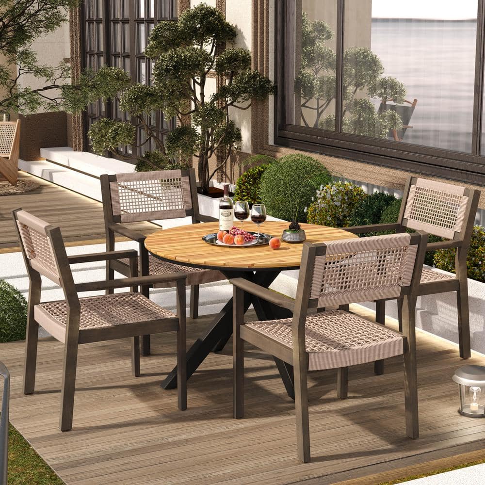 Theron 5-Piece Outdoor Patio Dining Set, Rope Weave Chairs, Metal Frame Table, Acacia Wood, Grey + Light Brown + Black