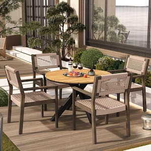 Theron 5-Piece Outdoor Patio Dining Set, Rope Weave Chairs, Metal Frame Table, Acacia Wood, Grey + Light Brown + Black