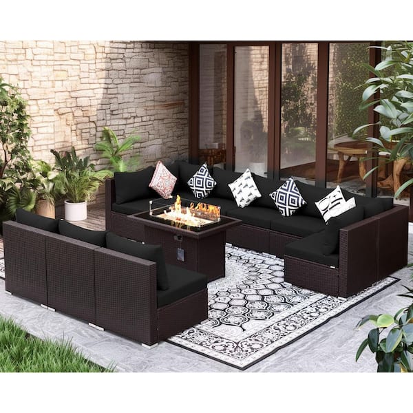 FINCATI 11-Piece Outdoor Brown Wicker Deep Seating Sofa Set with Black Cushions 55,000 BTU Fire Pit Table
