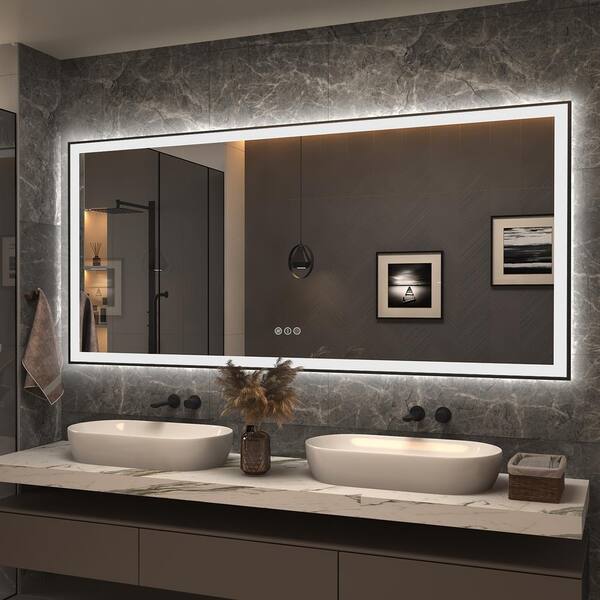 Apmir 77 in. W x 36 in. H Rectangular Space Aluminum Framed Dual Lights Anti-Fog Wall Bathroom Vanity Mirror in Tempered Glass