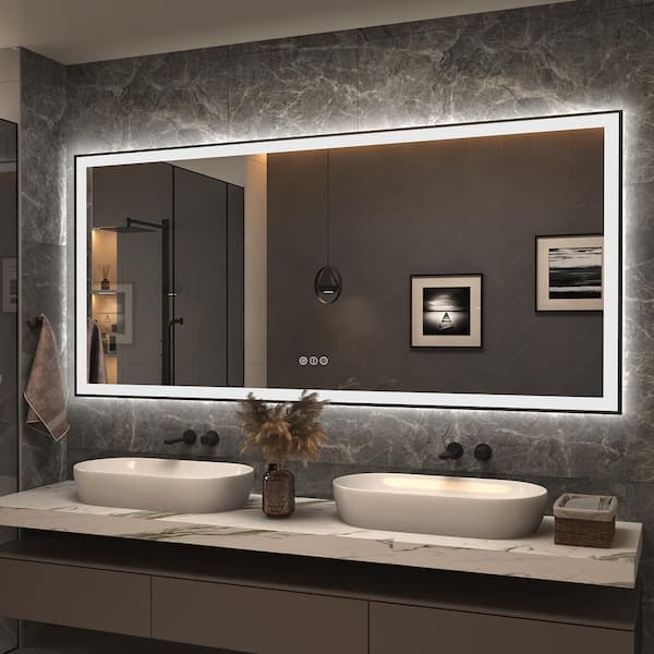 77 in. W x 36 in. H Rectangular Space Aluminum Framed Dual Lights Anti-Fog Wall Bathroom Vanity Mirror in Tempered Glass