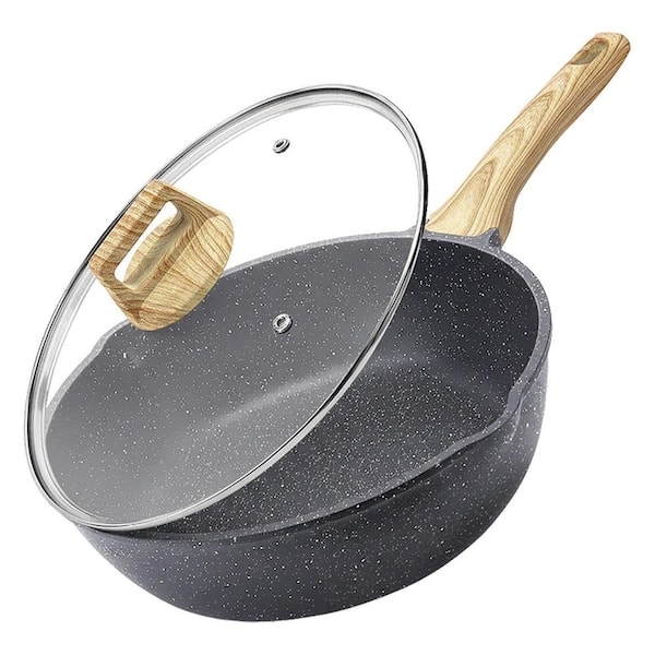 4.5 Qt Granite Nonstick Saute Pan with Lid Cast Aluminum Induction Cookware Non-Toxic Deep Frying Pan
