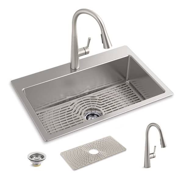 KOHLER Cursiva 18 ga. Stainless Steel 33 in. Single Bowl Drop-In or Undermount Kitchen Sink with Faucet